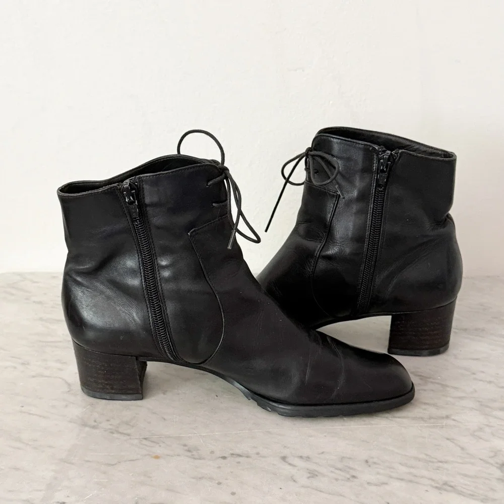 Van Eli Vintage Black Leather Ankle Boots Lace Up Square Toe Block Heel 7